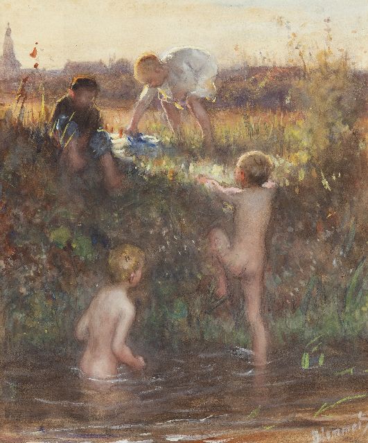 Blommers B.J.  | Bathing children in Het Kanaal, Scheveningen, watercolour on paper 38.9 x 32.3 cm, signed l.r. and painted ca. 1895-1907
