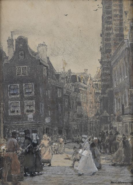 Herrmann J.E.R.  | A view in Amsterdam, chalk and watercolour on paper on board 34.1 x 24.5 cm, signed l.r.