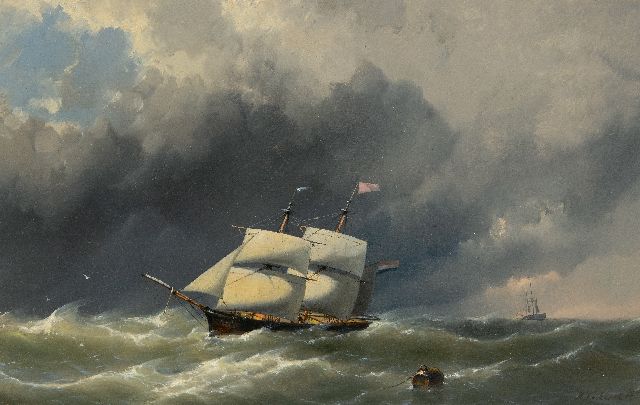 Hermanus Koekkoek jr. | Brik off the coast in heavy weather, oil on panel, 28.1 x 44.1 cm, signed l.r.