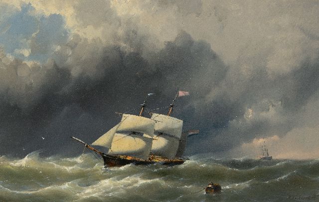 Koekkoek jr. H.  | Brik off the coast in heavy weather, oil on panel 28.1 x 44.1 cm, signed l.r.