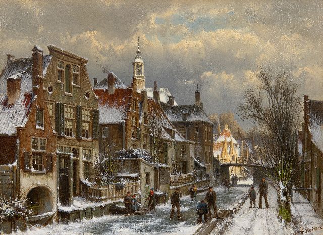 Koekkoek W.  | Winter townscape with skaters, oil on canvas 44.5 x 60.5 cm, signed l.r.