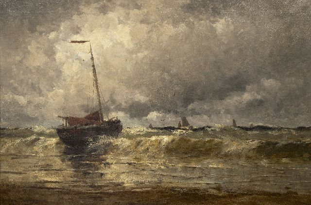 Schütz W.J.  | Ships in the surf, oil on canvas 80.5 x 120.4 cm, signed l.l. and dated 1880