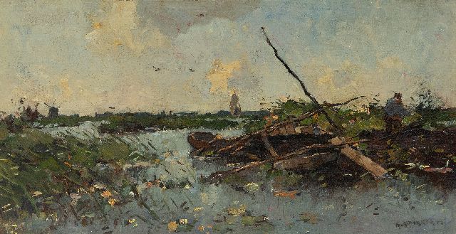 Aris Knikker | Polder landscape with barges, oil on canvas laid down on board, 21.6 x 40.6 cm, signed l.r.