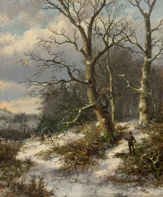 Koekkoek B.H.  | Gathering wood in a snowy forest, oil on canvas 76.6 x 63.8 cm, signed l.r.