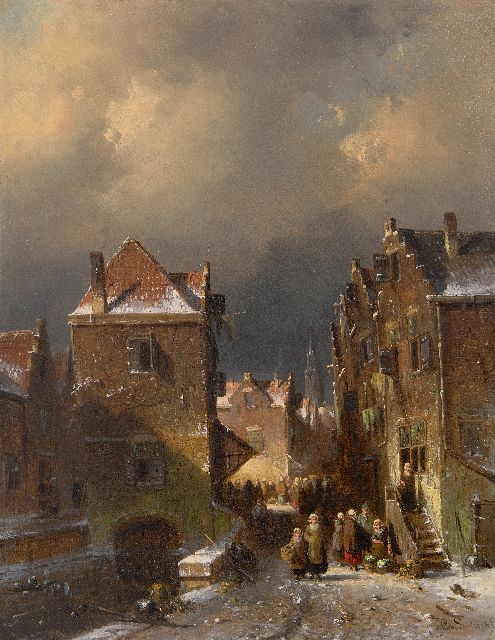 Charles Leickert | Crowded winter street, oil on panel, 37.2 x 28.7 cm, signed l.r.