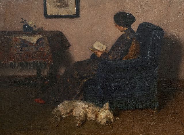 Jan Zoetelief Tromp | The painter's wife reading, with their dog Billie, oil on canvas, 41.5 x 55.5 cm, signed l.l.