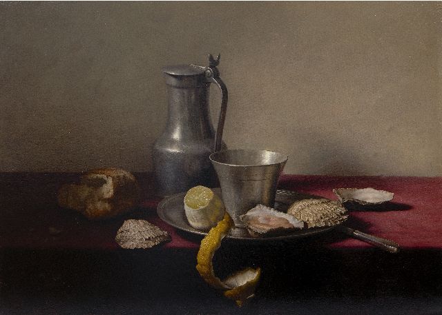 Eversen J.H.  | Still life with pewter, lemon and oysters, oil on canvas 51.0 x 70.8 cm, signed l.r. and dated 1957