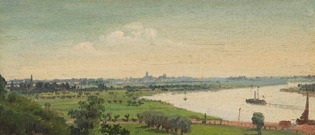 Oppenoorth W.J.  | River landscape in summer, Deventer in the distance, oil on canvas laid down on panel 21.2 x 46.1 cm, signed l.l.