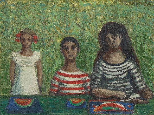 Andréa C.  | Three figures, oil on board 17.9 x 23.9 cm, signed u.r.