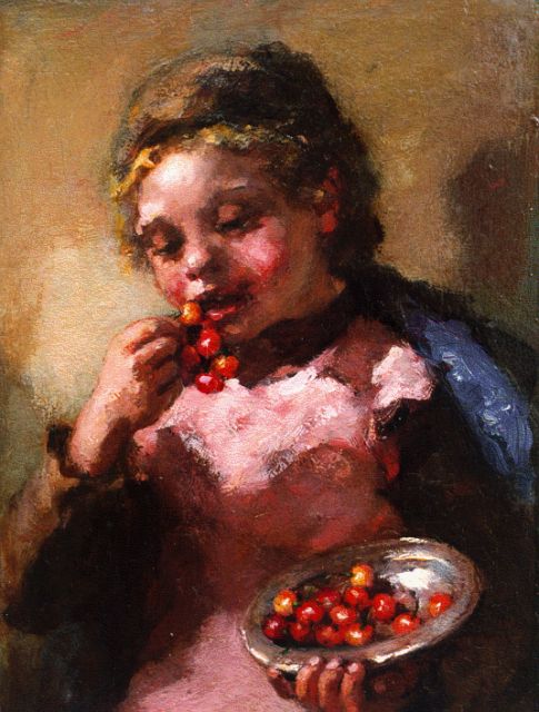 André Broedelet | A girl eating cherries, oil on panel, 21.2 x 15.4 cm, signed l.l.