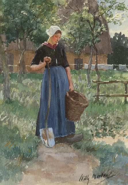 Willy Martens | Young peasant woman in a vegetable garden, watercolour on paper, 18.5 x 13.5 cm, signed l.r.