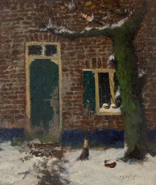 Ligtelijn E.J.  | Backyard of a farm in the snow, oil on canvas 60.3 x 50.3 cm, signed l.r. and without frame