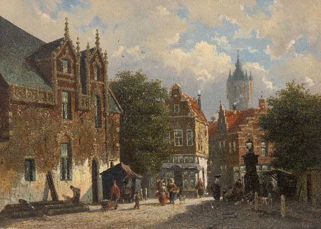 Frederik Roosdorp | Sunny cityscape with the Old Church of Delft, oil on canvas, 29.2 x 40.0 cm, signed with initials on the reverse
