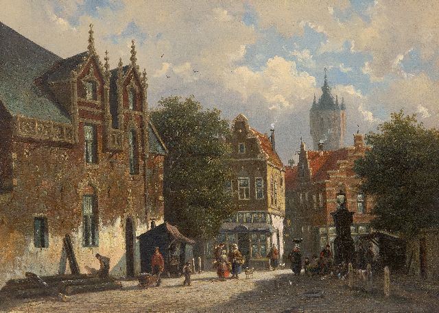 Roosdorp F.  | Sunny cityscape with the Old Church of Delft, oil on canvas 29.2 x 40.0 cm, signed with initials on the reverse