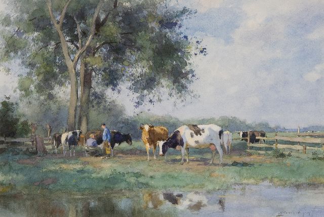 Adriaan Groenewegen | Milking time, watercolour on paper, 34.1 x 51.2 cm, signed l.r.