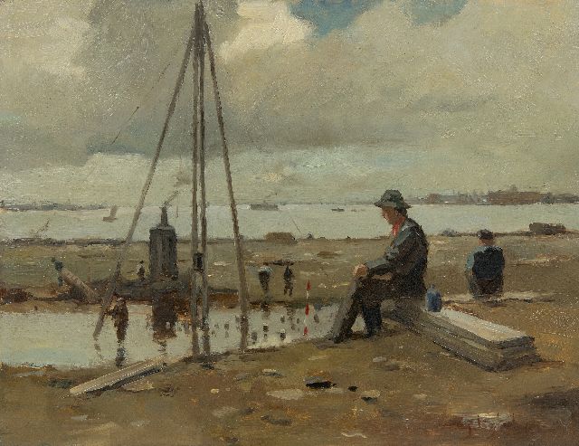 Ligtelijn E.J.  | Lunch time at the construction site, oil on panel 35.4 x 45.8 cm, signed l.r.