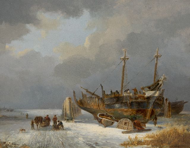 Nuijen W.J.J.  | Frozen landscape with figures and a shipyard, oil on panel 23.4 x 29.8 cm, signed l.l. and dated 1830