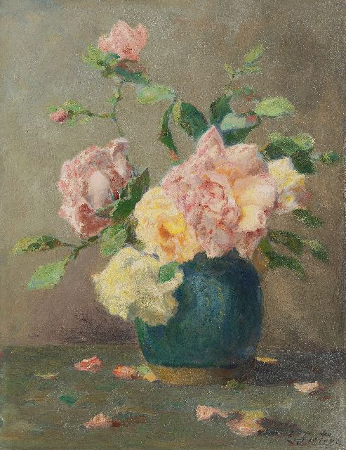 Pieters E.  | Green pot with roses, oil on panel 40.9 x 31.7 cm, signed l.r.