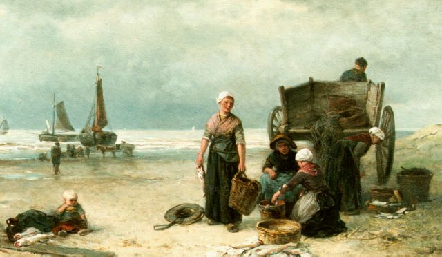 Mari ten Kate | Fisherfolk at the beach sorting the catch, oil on canvas, 44.3 x 64.0 cm, signed l.r.