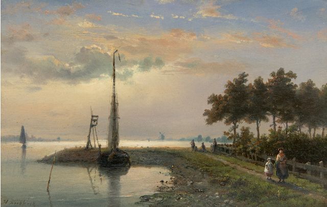 Koekkoek H.  | A tjalk moored by the breakwater, oil on panel 14.6 x 22.1 cm, signed l.l.