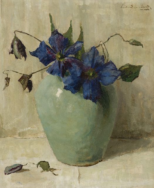 Lucie van Dam van Isselt | Purple clematis in a celadon green vase, oil on panel, 47.1 x 38.4 cm, signed u.r.