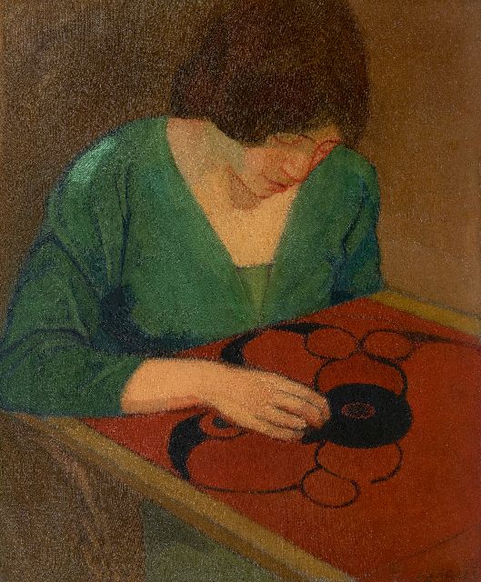 Otto van Rees | Adya working on red embroidery, oil on canvas, 65.2 x 54.0 cm, signed l.r. and dated 1910