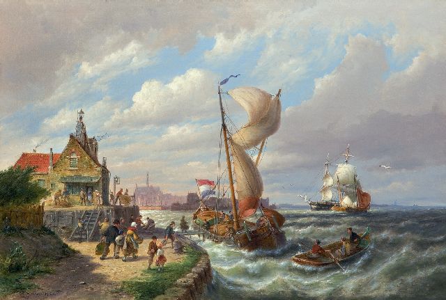 Pieter Cornelis  Dommershuijzen | The departure of the ferry, oil on canvas, 50.7 x 76.2 cm, signed l.l. and dated 1912