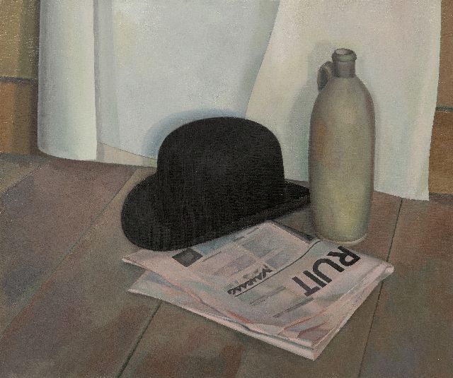 Jos van den Berg | Still life with bowler hat, jug and the dayly paper Vooruit, oil on canvas, 60.3 x 70.5 cm, signed on the stretcher