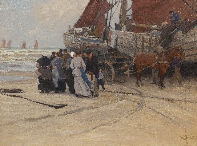 Hendrik Willebrord Jansen | The departure of the fishermen, Katwijk, oil on canvas, 62.0 x 83.0 cm, signed l.r.