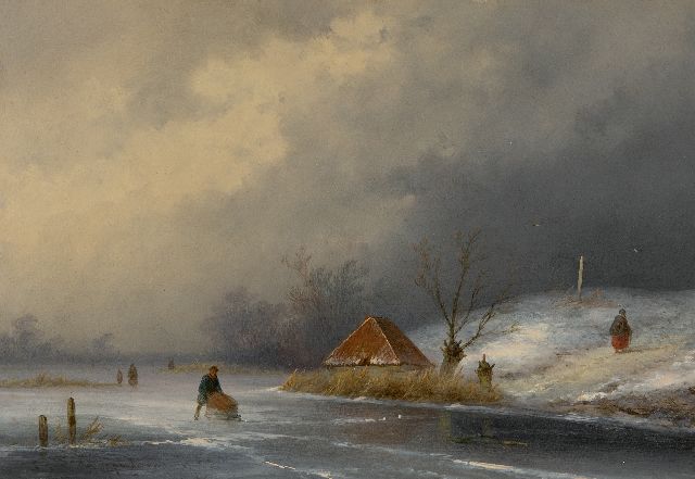 John Franciscus Hoppenbrouwers | Figures a frozen river with approaching snowstorm, oil on panel, 22.3 x 31.5 cm, signed l.l.