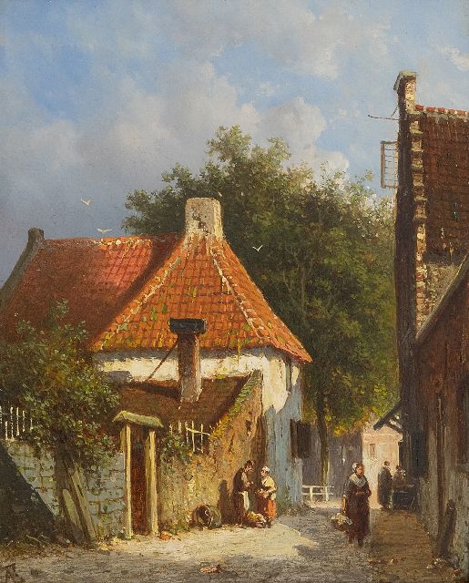 Eversen A.  | A sunlit street in Amsterdam, oil on panel 18.8 x 15.2 cm, signed l.l. with monogram