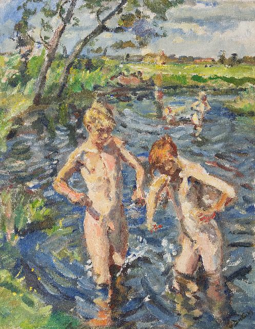 Dülmen Krumpelmann E.B. von | Take a dip in the 'Drentse Aa', oil on canvas laid down on panel 76.0 x 60.0 cm, signed l.r.