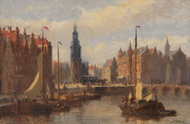 Hulk jr. J.F.  | The Rokin in Amsterdam with the Munttower and a horse tram, oil on panel 14.1 x 21.5 cm, signed l.r.