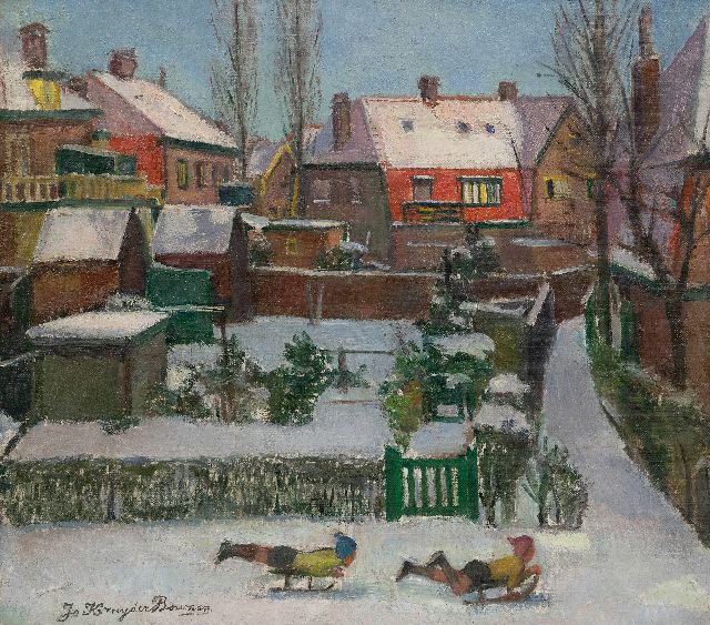 Jo Kruyder-Bouman | Sledding through town, oil on canvas, 40.3 x 45.0 cm, signed l.l. and dated 1942