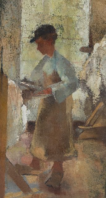 Anthon van Rappard | A  young workman at a stretching frame, oil on canvas, 45.1 x 25.4 cm