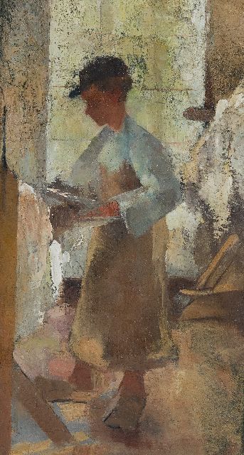 Rappard A.G.A. van | A  young workman at a stretching frame, oil on canvas 45.1 x 25.4 cm