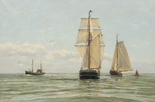 Frits Goosen | Sailing cargo ships and fishing cutter at sea, oil on canvas, 60.3 x 90.0 cm, signed l.l.