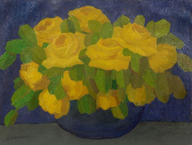 Smorenberg D.  | Yellow roses in a blue vase, oil on board 55.0 x 72.7 cm, signed l.l.