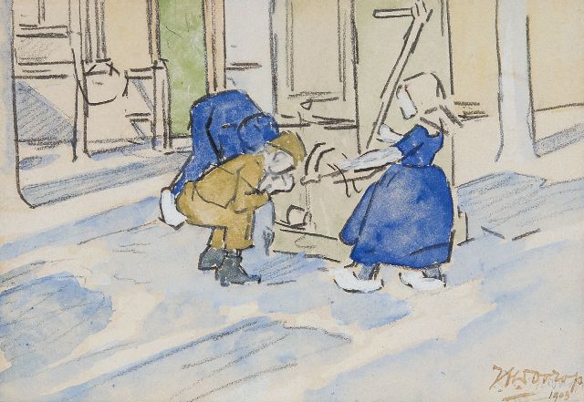 Jan Toorop | Children at a village pump, black chalk and watercolour on paper, 11.3 x 15.8 cm, signed l.r. (double) and dated 1903 (double)