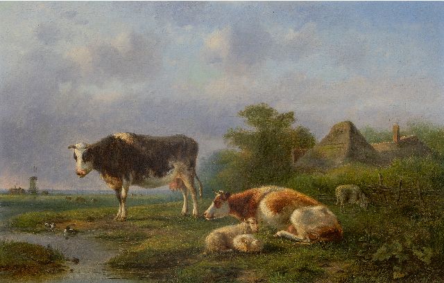 Ravenswaay J. van | Dutch meadow landscape with resting cattle, oil on canvas 63.0 x 98.0 cm, signed c.b.