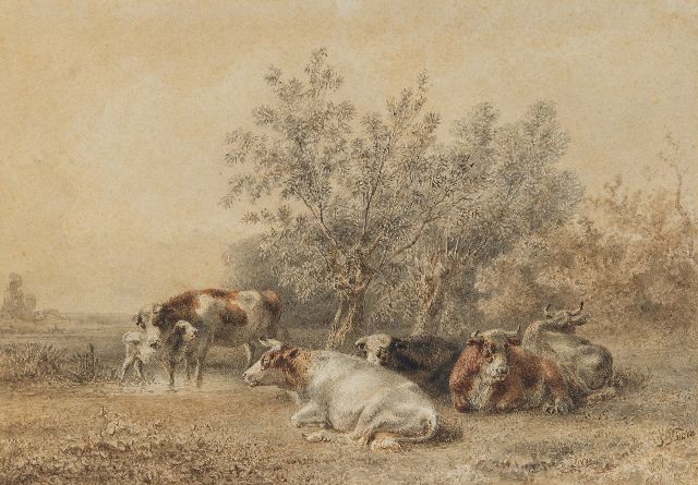 Jan Bedijs Tom | Cows at willow grove, ink and watercolour on paper, 20.7 x 30.0 cm, signed l.r.