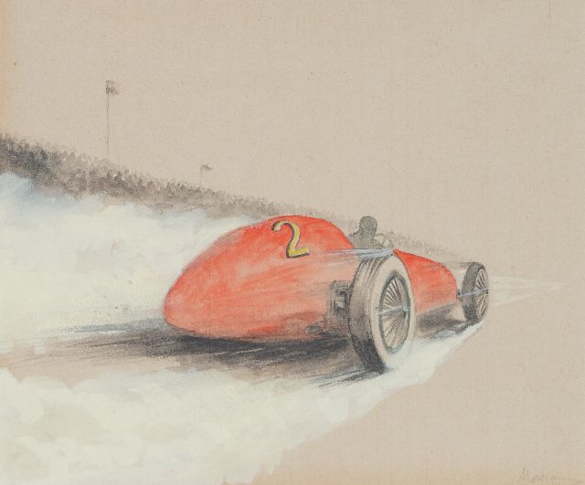 Onbekend   | Race car nr. 2  (set van 5), pencil, watercolour and gouache on paper 19.4 x 25.0 cm, signed l.r.