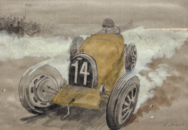 Onbekend   | Race car nr. 14 (set van 5), pencil, watercolour and gouache on paper 19.7 x 29.1 cm, signed l.r.