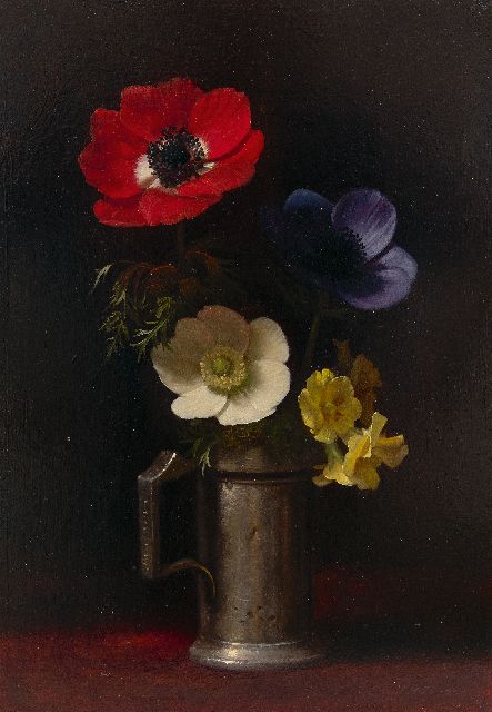 Eversen J.H.  | Still life with anemones and primula in a pewter jug, oil on panel 33.0 x 23.1 cm, signed l.r.