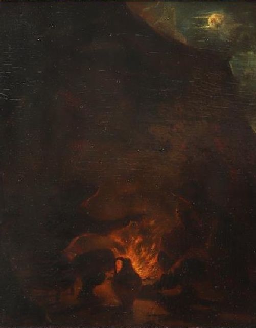 Caspar Augustinus Fischer | Figures around nocturnal campfire, oil on panel, 23.0 x 19.3 cm