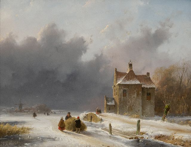 Andreas Schelfhout | Winter landscape with approaching blizzard (only together with summer pendant), oil on panel, 25.8 x 32.5 cm, signed l.l.