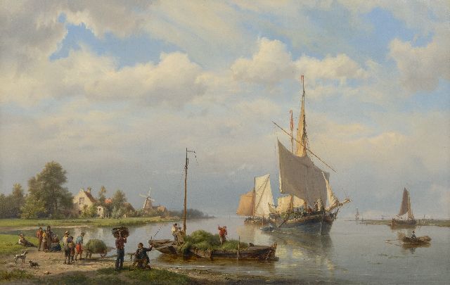 Hermanus Koekkoek | Sunny estuary with moored vessels and figures loading hay, oil on canvas, 49.0 x 76.8 cm, signed l.c. and dated 1865