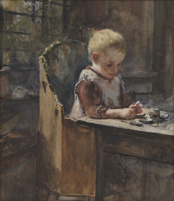 Hubrecht A.A.L.  | In the high chair, watercolour on paper laid down on board 35.0 x 30.0 cm, signed l.r. with monogram
