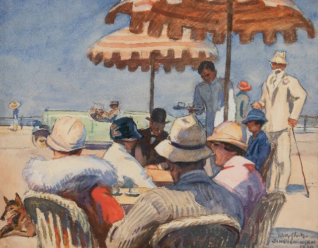 Willy Sluiter | An elegant company enjoying a drink on the boulevard of Scheveningen, charcoal and watercolour on paper, 37.0 x 47.0 cm, signed l.r. and dated 1930