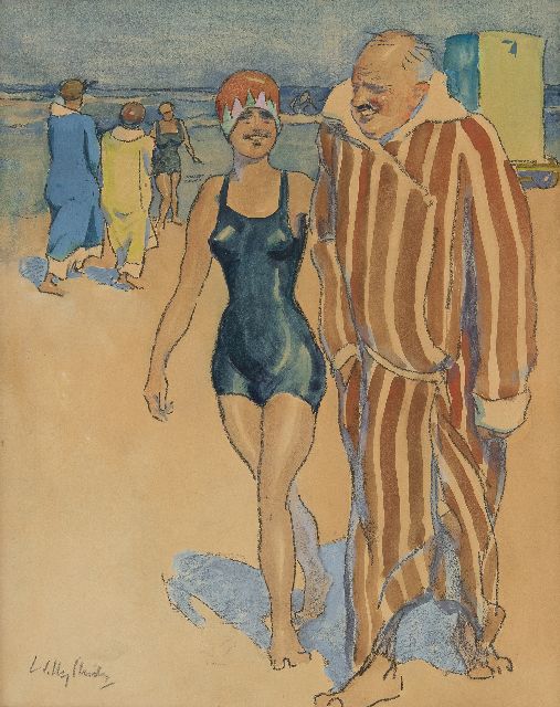 Sluiter J.W.  | After the dip in the sea, Scheveningen, chalk and watercolour on board 47.0 x 37.0 cm, signed l.l.